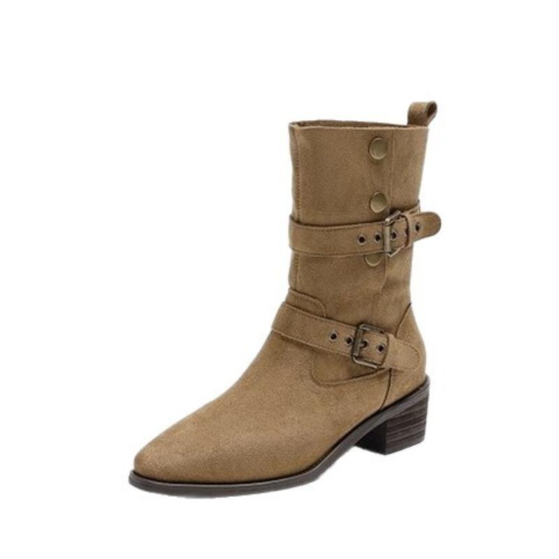 Cowhide Maillard Boots Women's Thick Heel Pile Boots Belt Buckle Medium Martin Boots Knight Boots Western Cowboy Boots