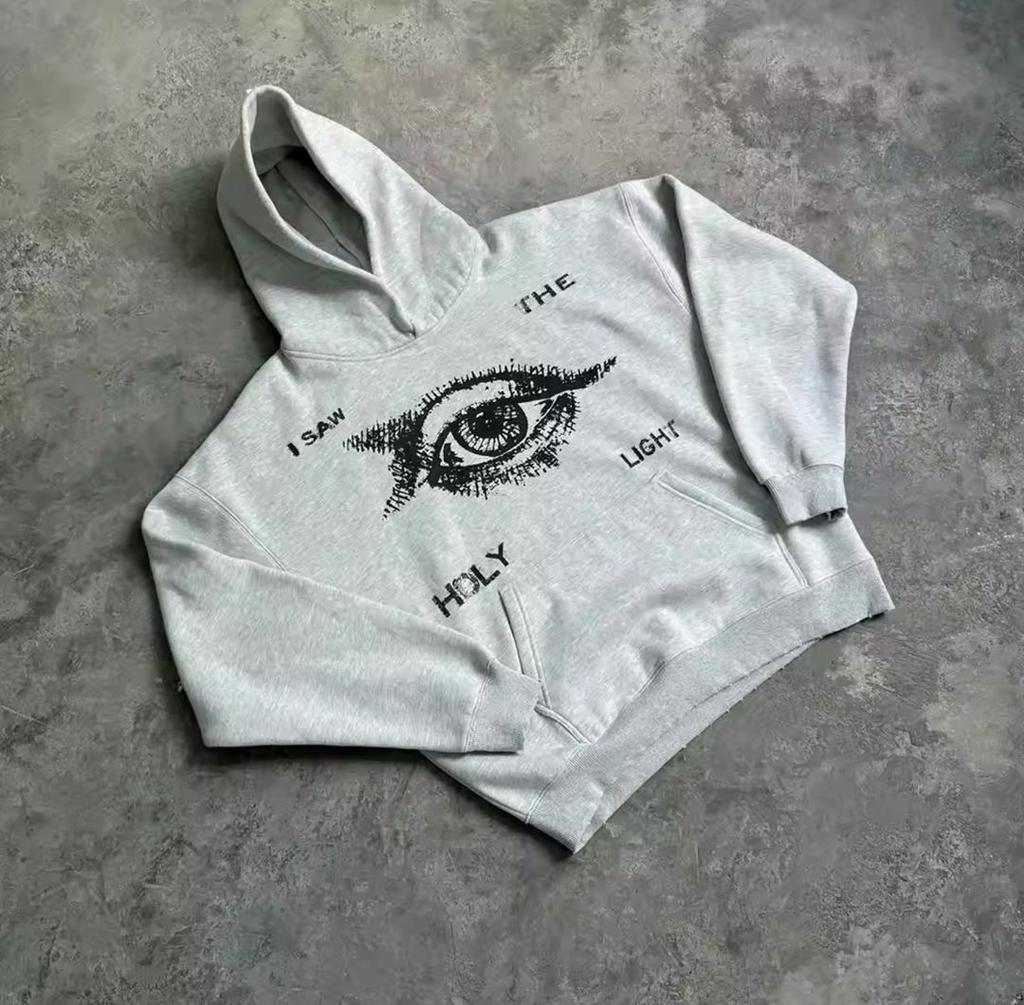 American New Style Angel Eye Print Gray Hoodie Women's Simple Harajuku Hip-Hop Loose Casual Y2K Sweatshirt Street Trend Clothing