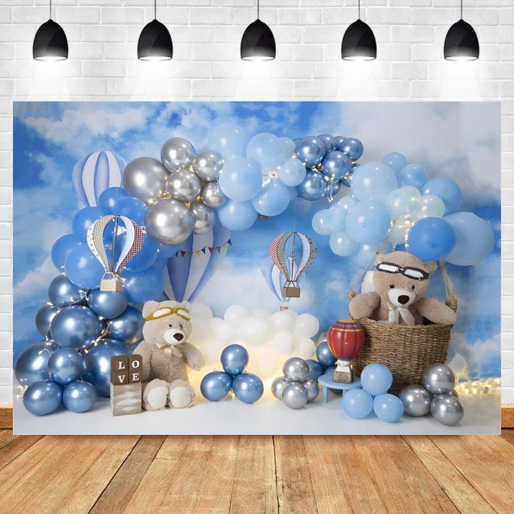 Baby Boy Blue Balloon Birthday Baby Shower Backgrounds For Photographs Gold Stars Clouds Kids Birthday Portrait Backdrop Shoot