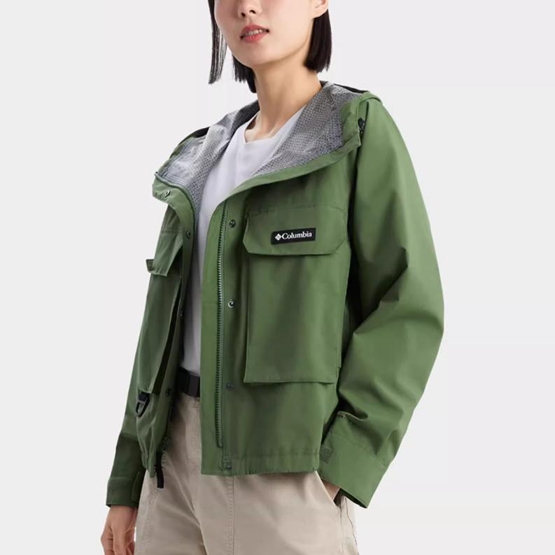 Columbia Casual Sports Printed Pattern Zipper Hooded Waterproof Windbreaker Women Outerwear Green WR4658-352