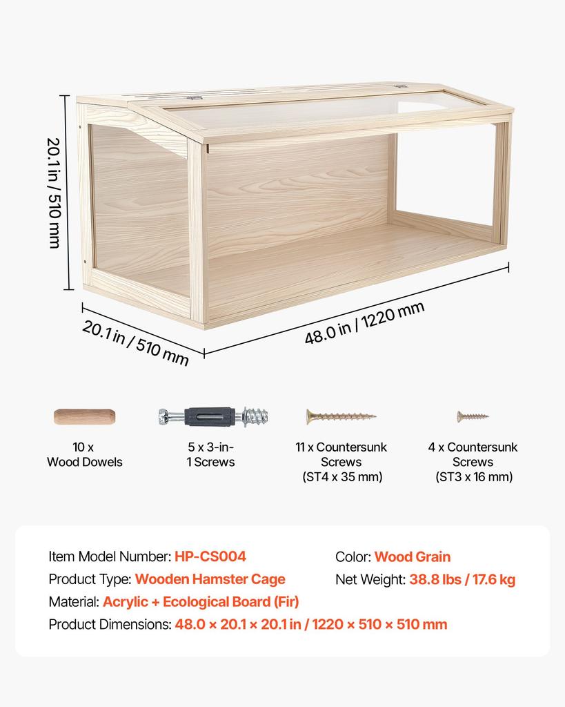 VEVOR Wooden Hamster Cage 1220 x 510 x 510 mm 270 degrees Viewing Hamster Habitat, Chewproof Acrylic Small Animal Cage with Openable Top