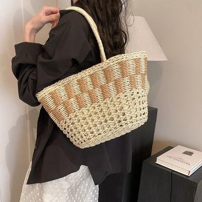 Vegetable Basket Contrasting Color Straw Bag Handwoven Bag Large Capacity Shoulder Tote Bag Women's Seaside Vacation Beach Women's Bag