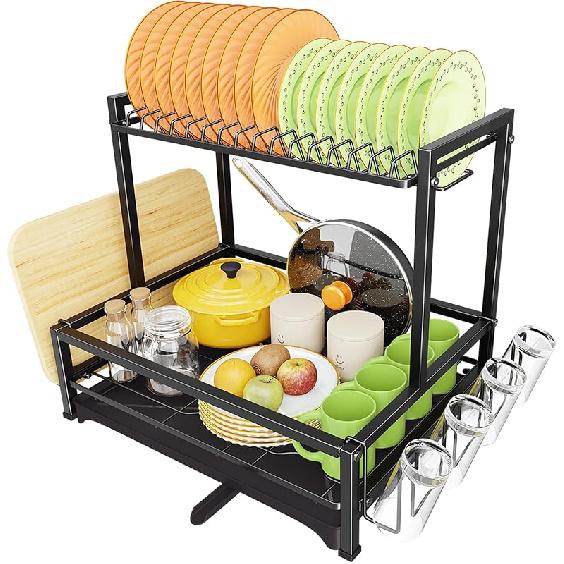 Simple Trending Small Dish Drying Rack, Compact Expandable Dish Rack with Cutlery Holder, Sink Dish Drainer for Kitchen Countertop, Black