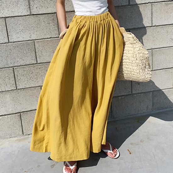 Women Pants Solid Color Side Pockets Temperament Elastic Waist Wide Leg Trousers Streetwear