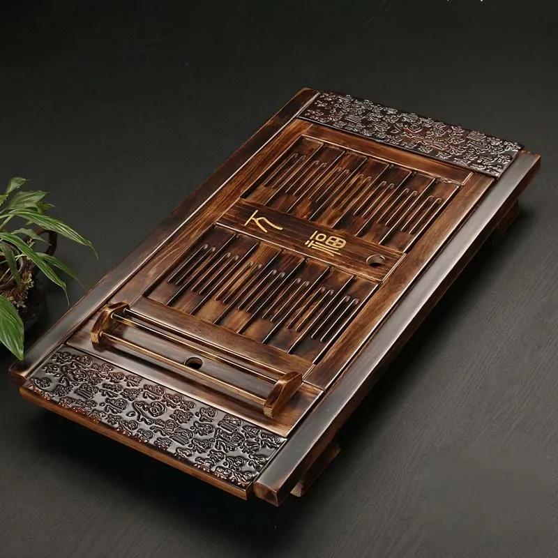 Chinese Solid Wooden Tea Tray Teaware Kung Fu Tea Set Carving Table Drawer Type Storage Drainage Tea Board Vintage Home Decor