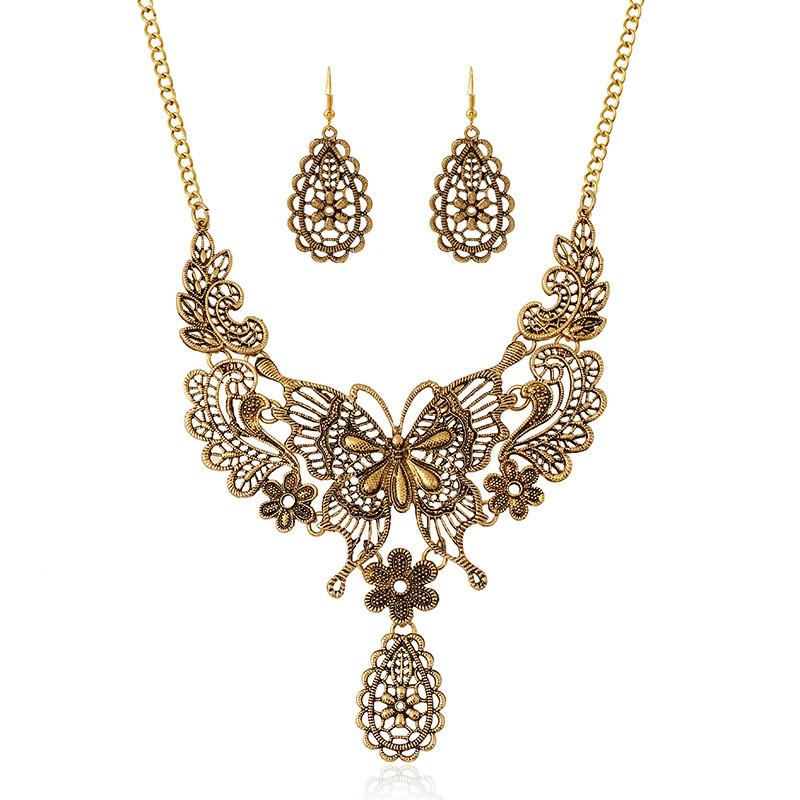 Fashion Hollowed Out Butterfly And Flower Design Women Necklace Earring Set For Women And Men