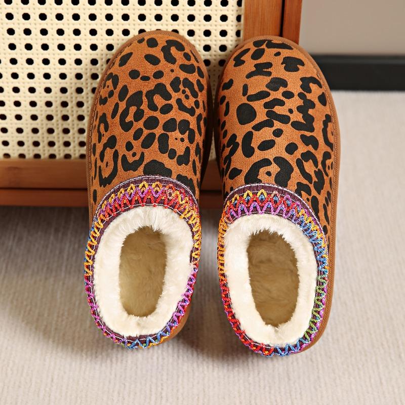 Fashion Snow Boots for Women 2024 Winter New Style Leopard Print Thick Sole Heelless Fur Half Slippers Cotton Shoes Warm Boots