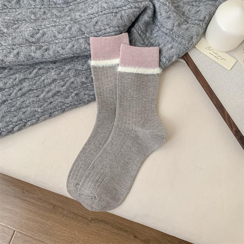 Autumn and Winter Flocked, Color-blocked Thickened Wool Socks for Women, Boneless Casual Mid-calf Socks
