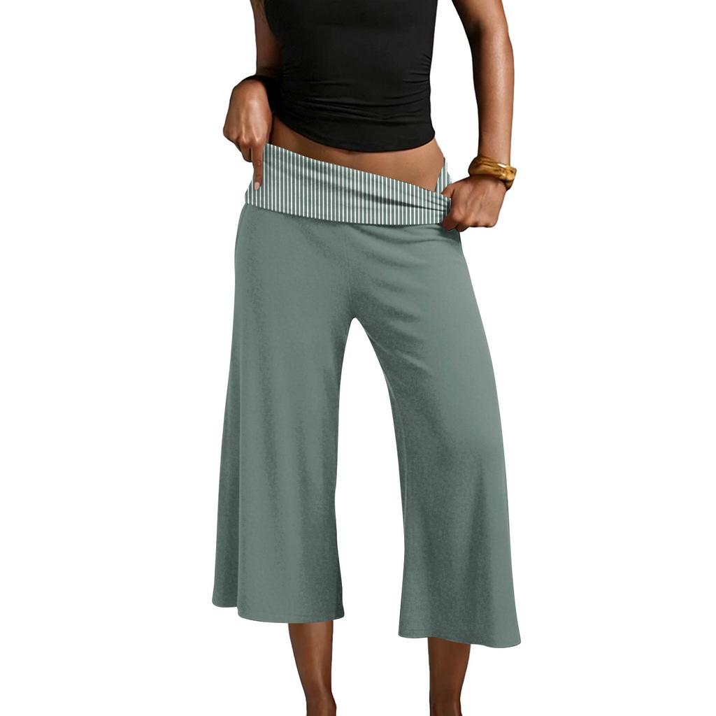 Womens Fold Over Cropped Pants Flared Bottom Fold Over Sweatpants Low Yoga Strechy Casual Wide Leg Sweatpant