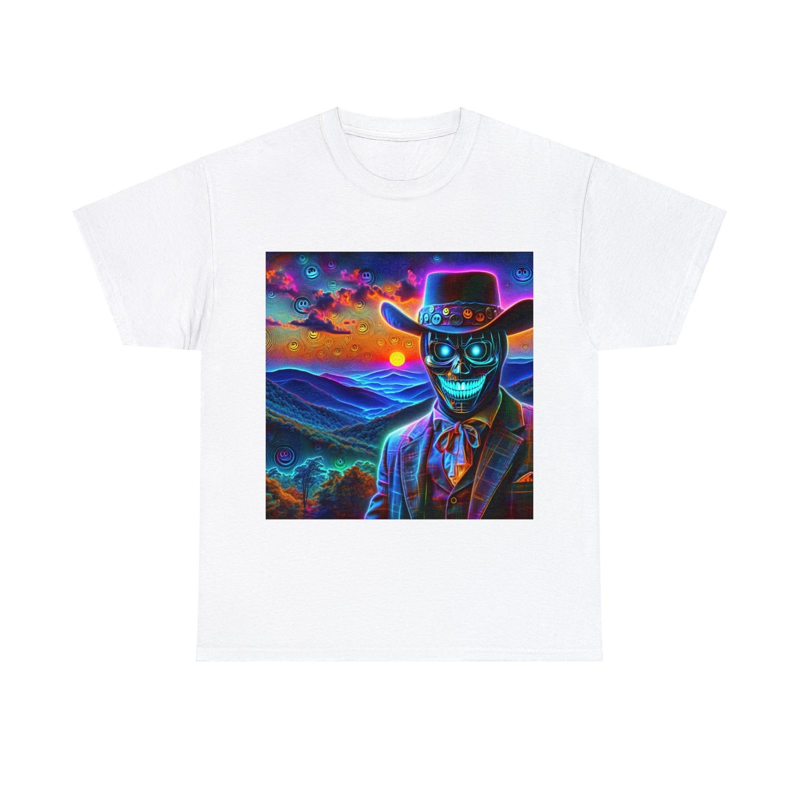 

Unisex Adult T Shirt Psychedelic Skull Cowboy Neon Mountain Sunset Day of Dead 5XL різнокольоровий