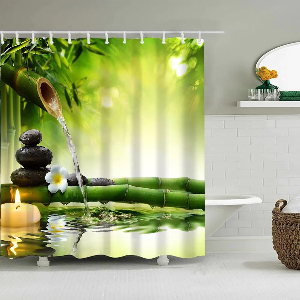 Zen Garden Shower Curtain Spa Green Bamboo Black Stone White Flower Bathroom Decor Supplies Bath Curtains Sets Polyester Fabric