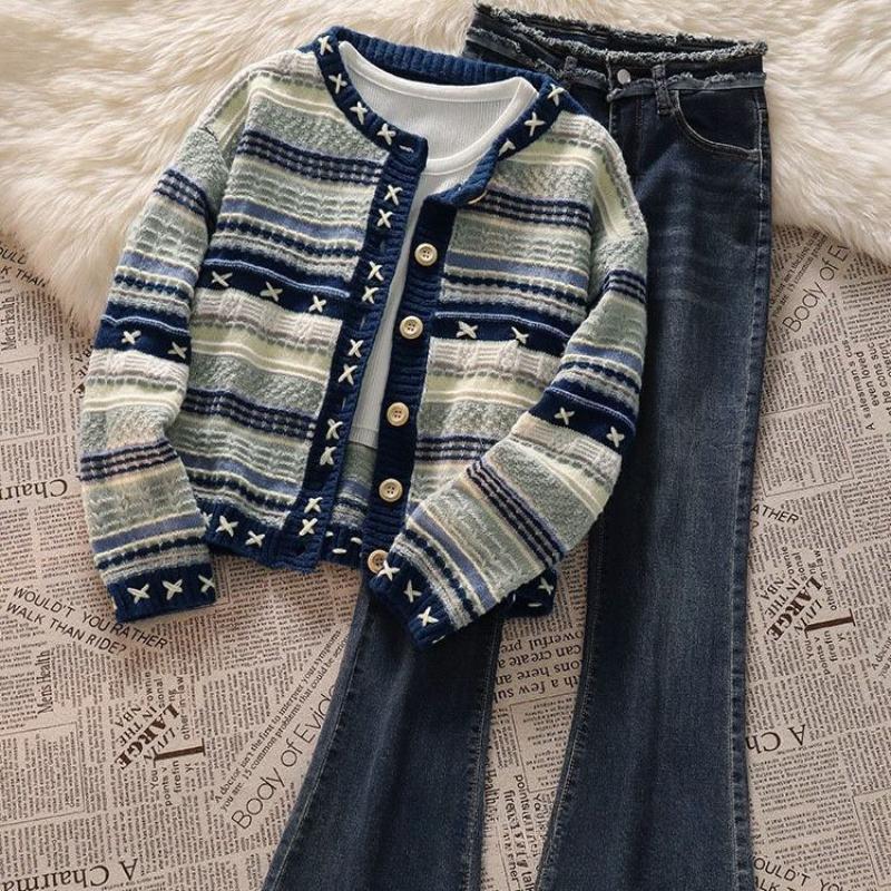Women Striped Contrasting Knitted Cardigans Korean Style Retro Gentle Ladies Sweaters Autumn Casual Lazy Woman Cardigan Tops