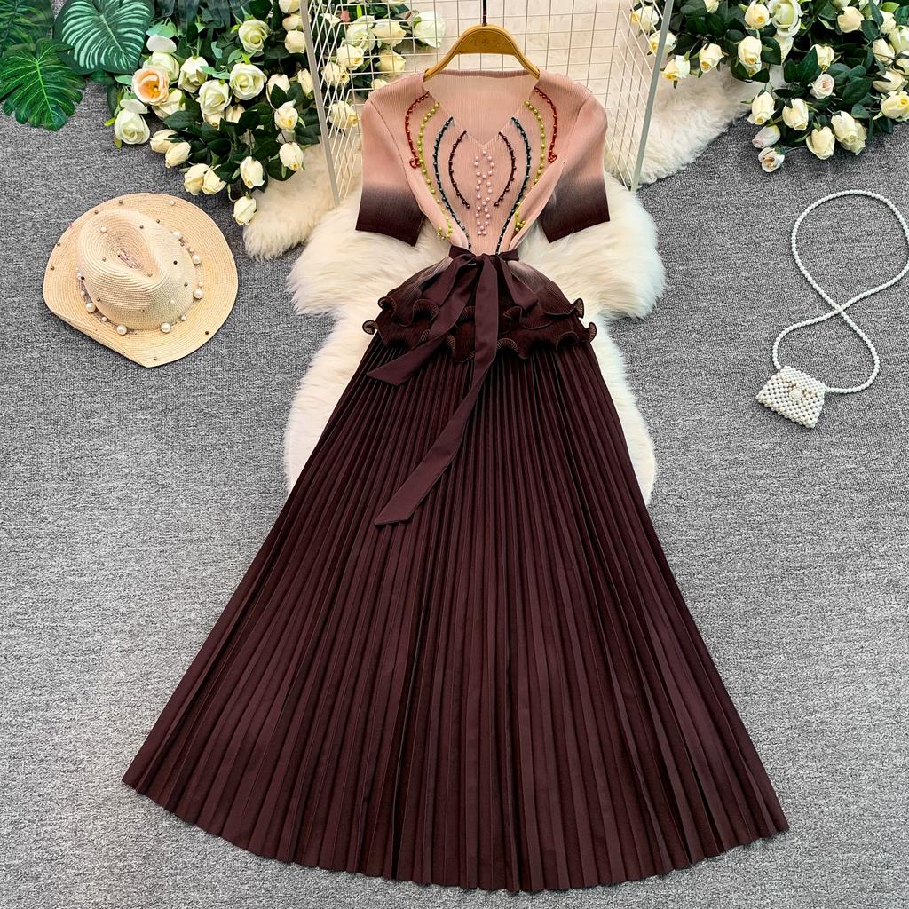 Elegant Beaded Embroidery Oversize Pleated Dress Women Summer Gradient Pink Green V Neck Ruffle Belt High Elastic Midi Dress