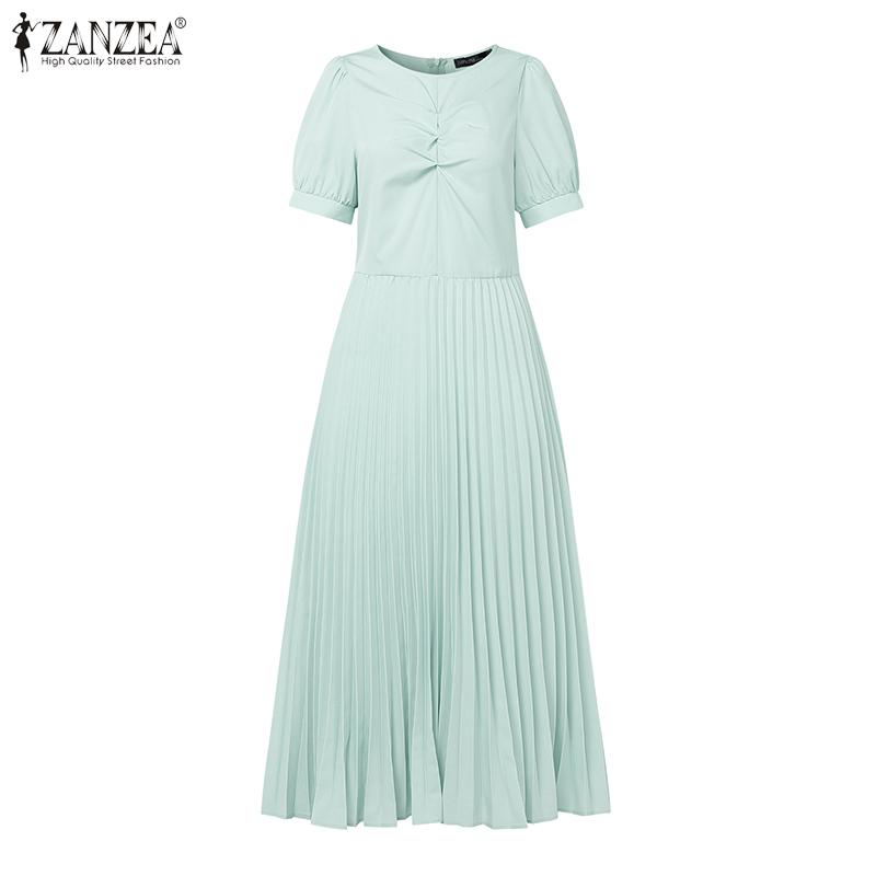 ZANZEA Women Casual Round Neck Summer Short Sleeve Long Dress