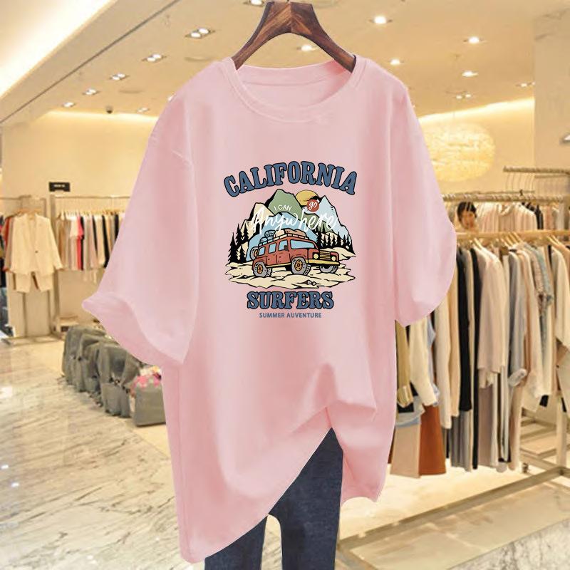 Pink cotton short front shoulder t-shirt women's summer new short-sleeved t-shirt loose top bottoming shirt