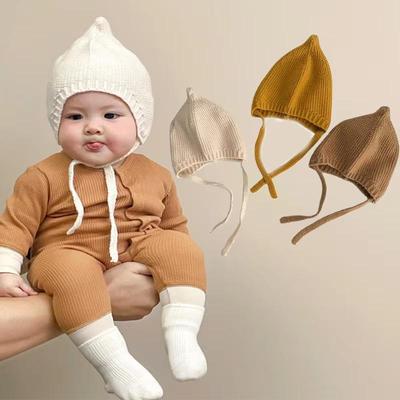 Herbst Winter Ohrenschutz Babymütze Warm Gestrickt Kinder Schnürmütze Einfarbig Säugling Junge Mädchen Mütze Mütze Enfant