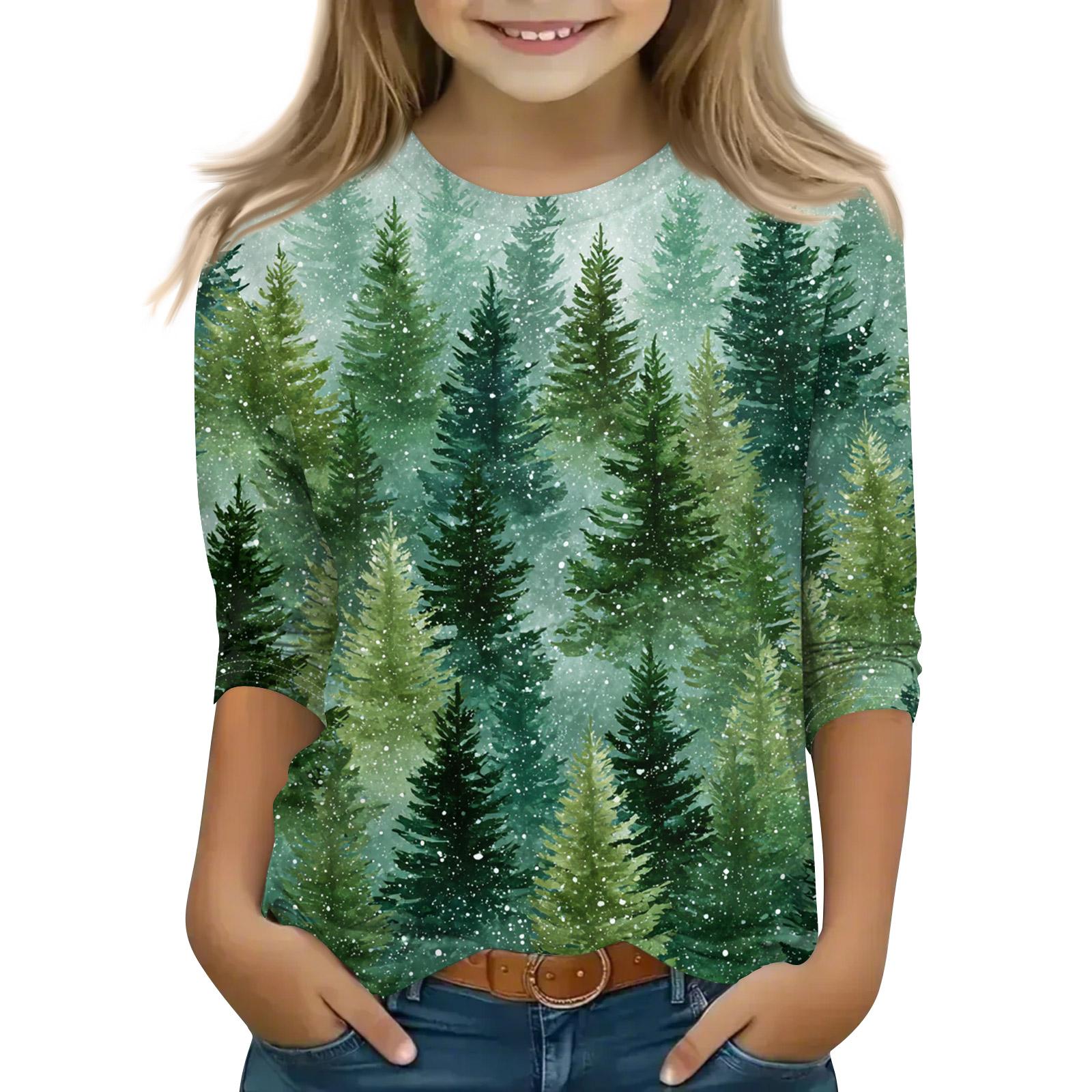 

Christmas Day Print Tops For Youth Girls 4-11 Years Round Neck 3/4 Sleeves T-Shirts Trendy Tops Outfit Tees 110