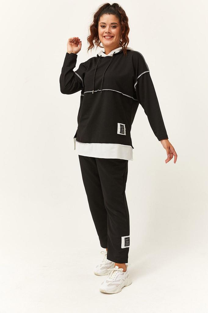 Set Trening Dimensiune Mari Moda Femei Plus Size Alb Garni Set Trening Detaliat Negru