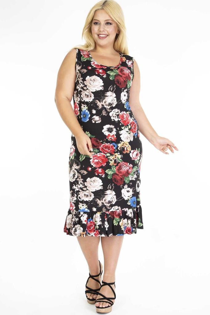 Women's Big Size Dress Patterned Black Plus Size Dress with Frilled Skirt