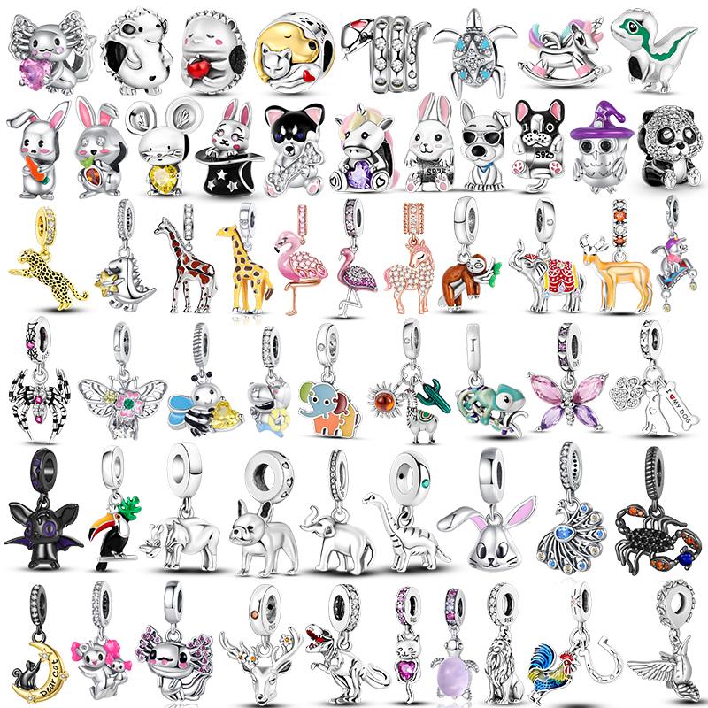 

Подвески Plata S925, оригинальные серебряные бусины в виде животных, кролика, хамелеона, ленивца, жирафа, ежа, динозавра, для браслета, ювелирных изделий