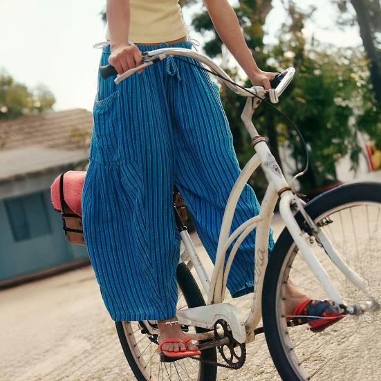 Women Pants Elastic Waist Striped Design Wide Leg Casual Trousers with Pockets Work Travel School All Day Wear