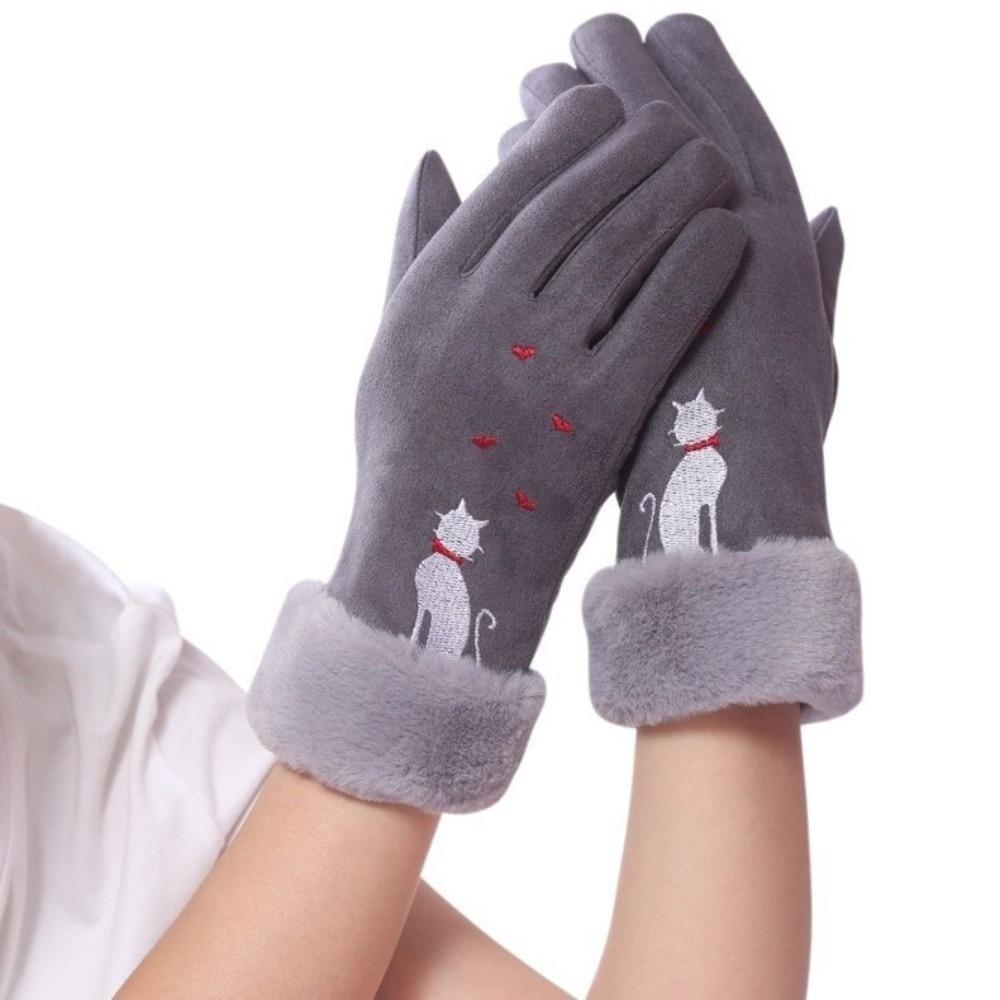 New Warm Winter Gloves Full Finger Windproof Driving Mittens Cat Embroidery Coldproof Touch Screen Gloves Women