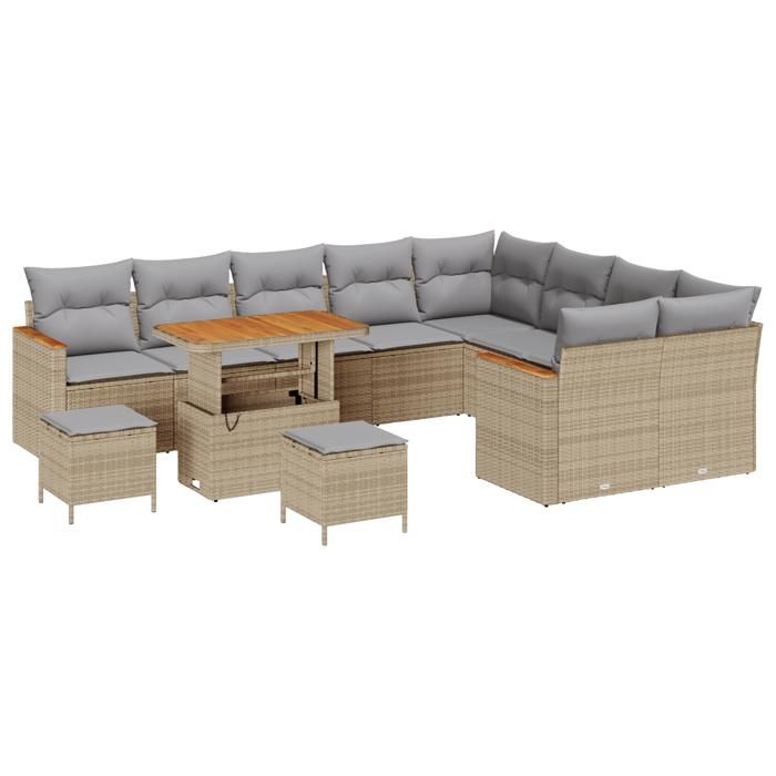 Ensemble de 12 Canapés de Jardin avec Coussins Beige Rattan Poly Acacia, Ensemble de Dîner de Jardin 3 Pièces 3365037