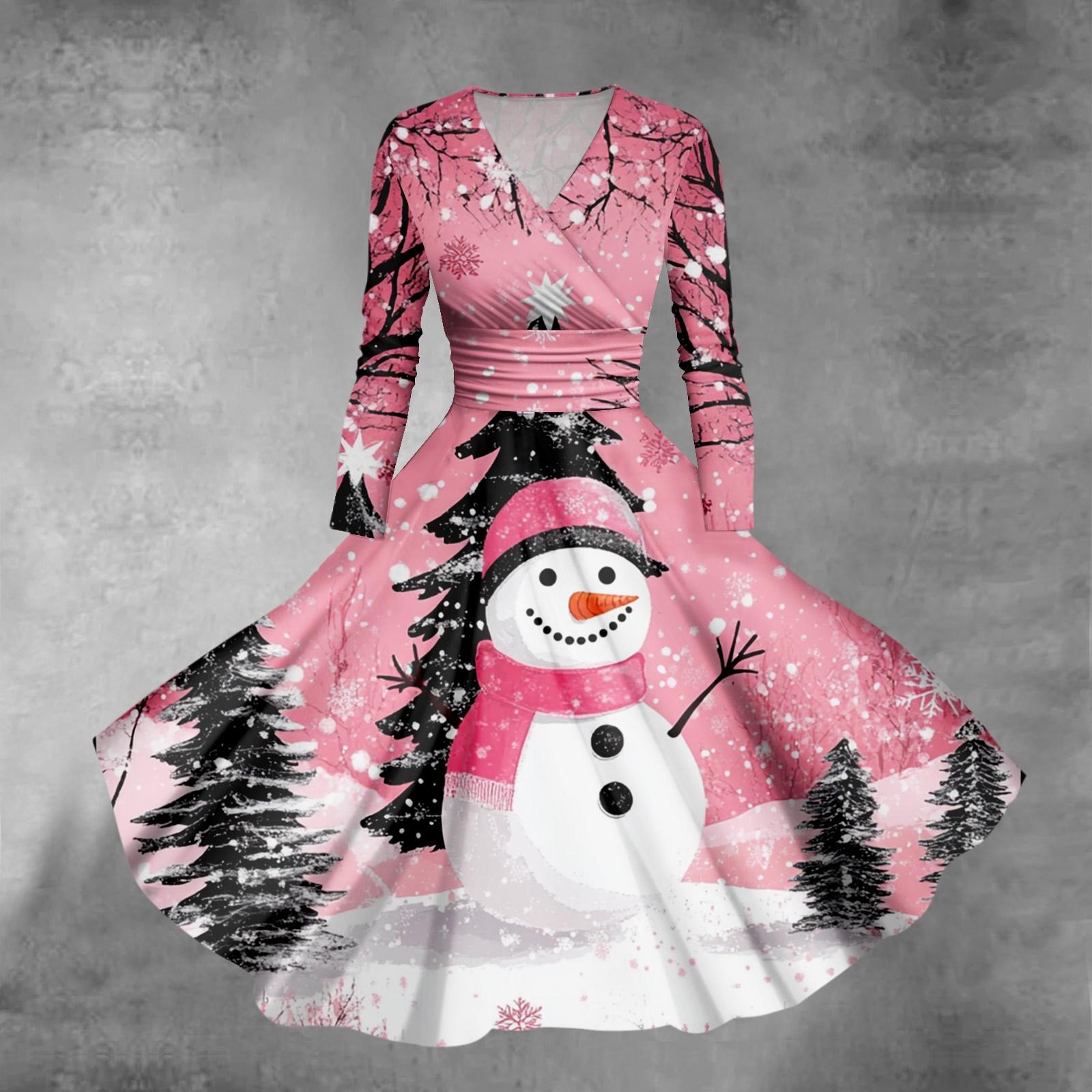 

Женское повседневное и модное сексуальное платье с v-образным вырезом и длинными рукавами с рождественским принтом XXL розовый