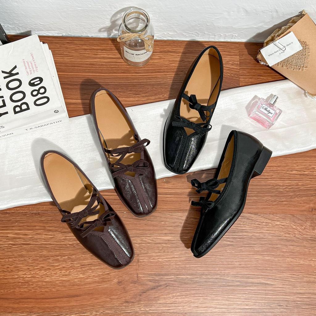 Cowhide version~ French ballet shoes women's niche temperament square head single shoes women's thick heels are not tired of feet temperament Mary Jan