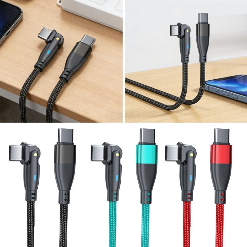 60W Power Type C Cable with Led Lighting Nylon Wrapped USB C Fast Charge Cord 180 Degree Adjustable Heads For Convenient