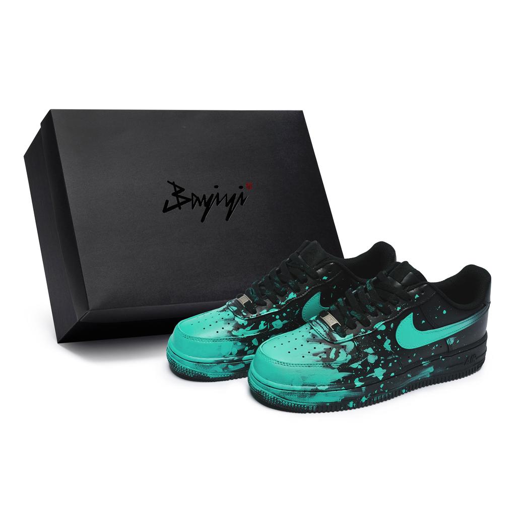 Nike Air Force 1 07 811 Manufacturing, Crazy Graffiti Blue, Special Shoe Box Low Top Skateboard Shoes Unisex Black Cyan CW2288-001(Team80-S-BOX)