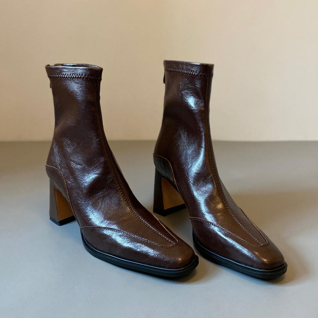 Han thick heel square head short boots retro elastic thin boots women's rear zipper high heel short boots Martin boots women's
