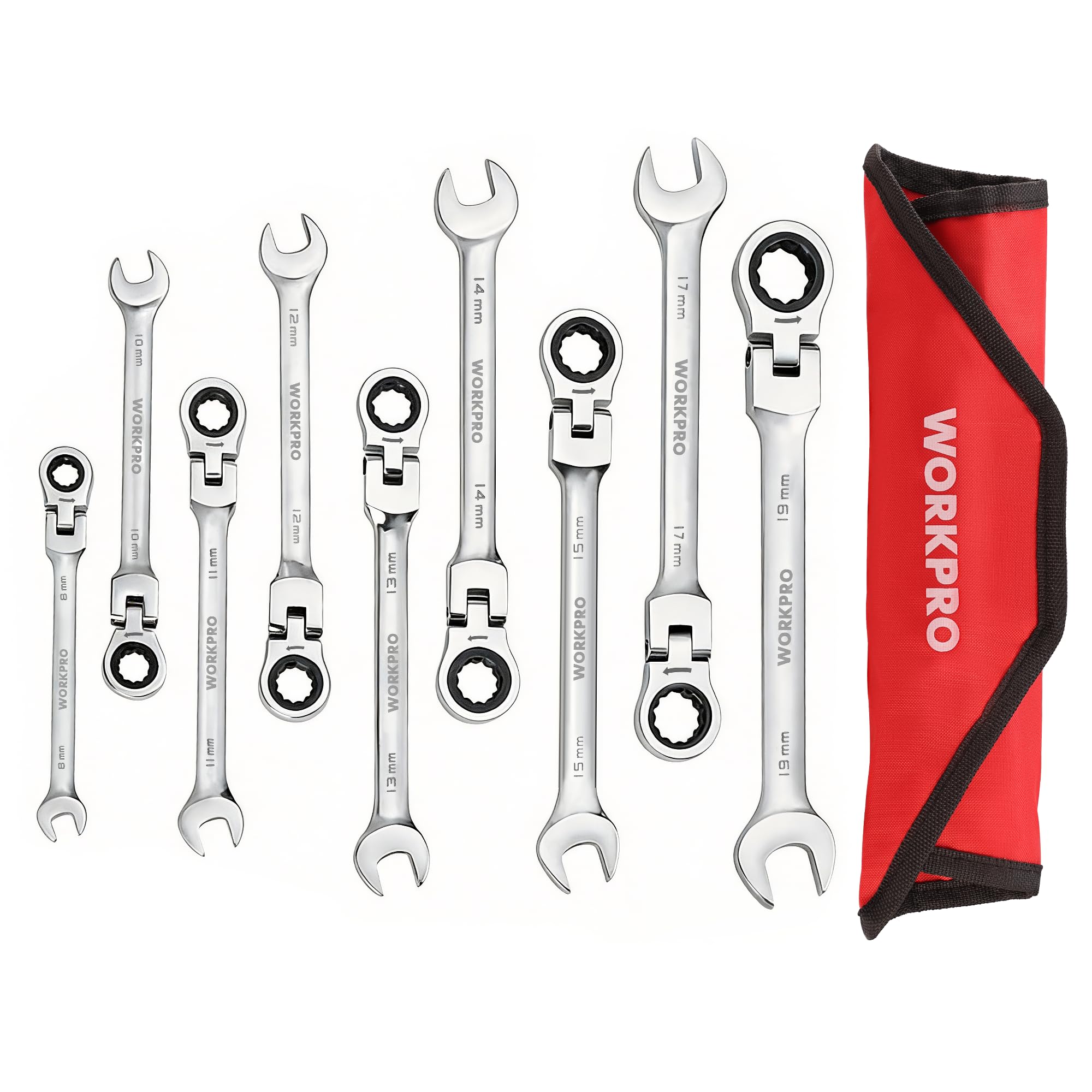 WORKPRO Flex Ratchet Wrench Combination Wrench Set, Swivel Head, 8-19mm, 72-tooth, 9-piece, for Assembly, Auto Repair, Maintenance, DIY, etc., with St