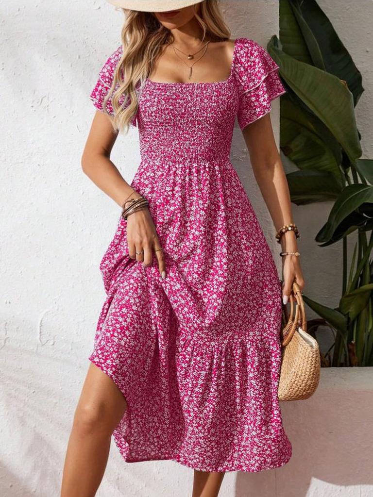 New Wish Bestseller Square Neck Bubble Sleeve Floral Ruffled Dress Long Dress