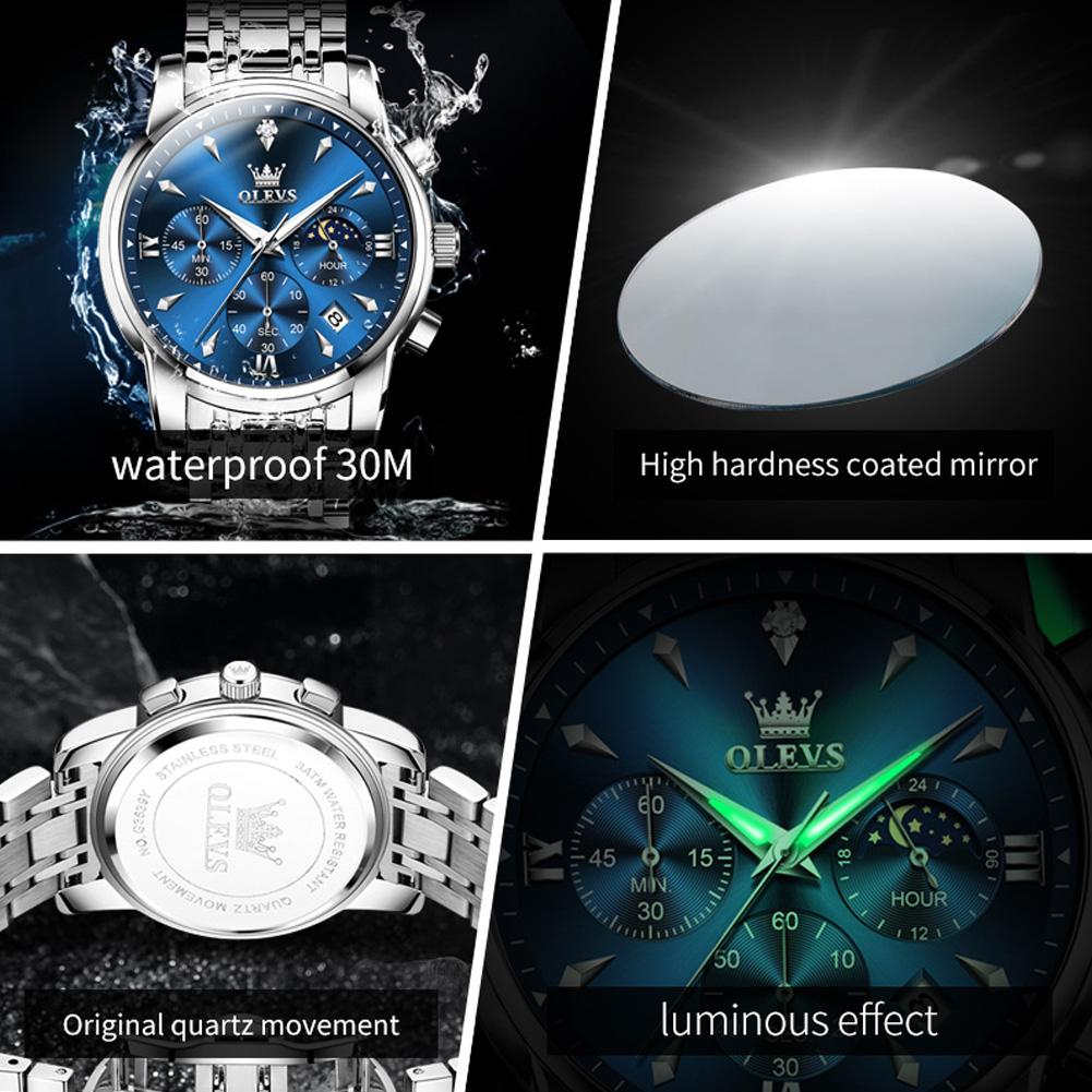 Luxury Chronograph Quartz Watch for Men Fashion Multifunctional Moon Phase Waterproof Luminous Date Business Men's Watches