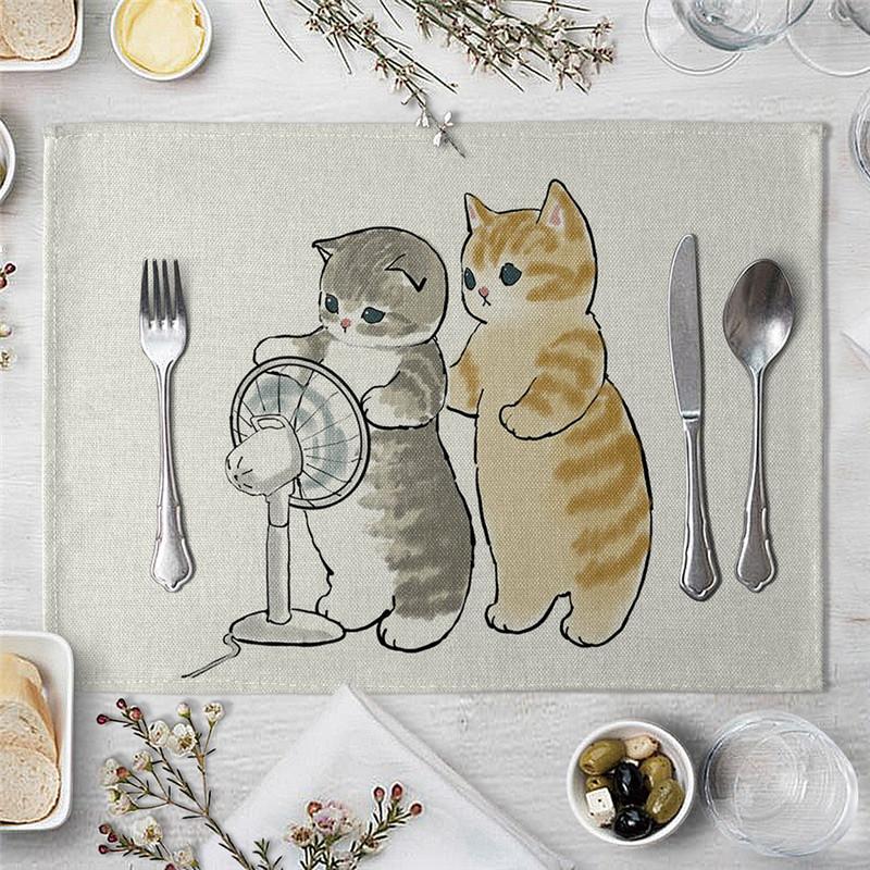 1 Pcs Dining Table Mats Cute Funny Cat Pattern Kitchen Placemat Drink Coasters Western Pad Cotton Linen Cup Mat Table Dining