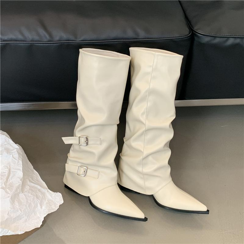 

Pointed buckle pleated pile boots women s thick heel 2025 punk style knight boots fried street hot girl high heel boots 40