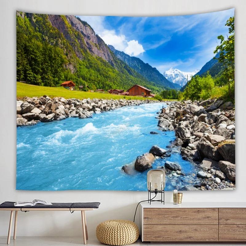 Ocean Wall Tapestry Landscape Forest Waterfall Lotus Cloth  Hanging Tapestries Decor  Carpet Beach  Home Decoration