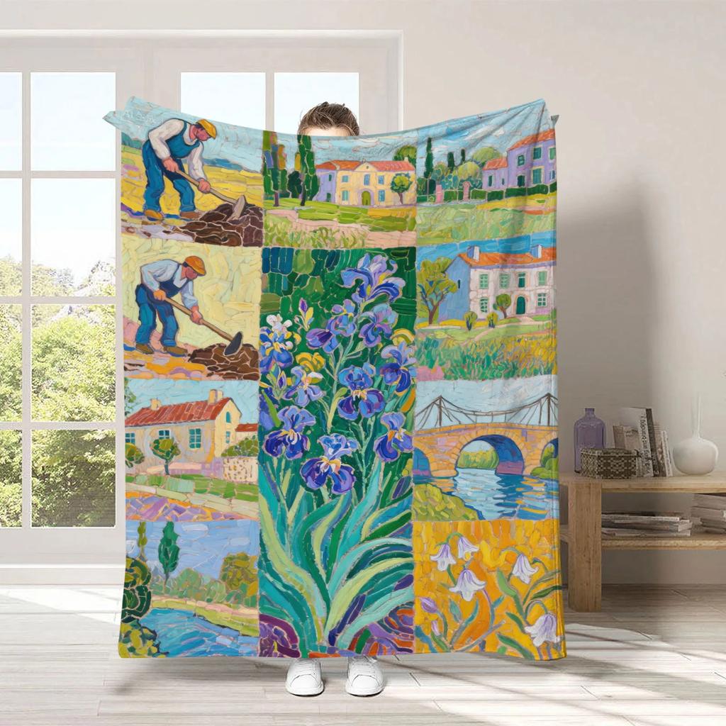 Van Gogh's Checkered Theme polyester Bedroom velvet flannel soft sofa cover blanket Fleece soft sofa cover blankets for beds