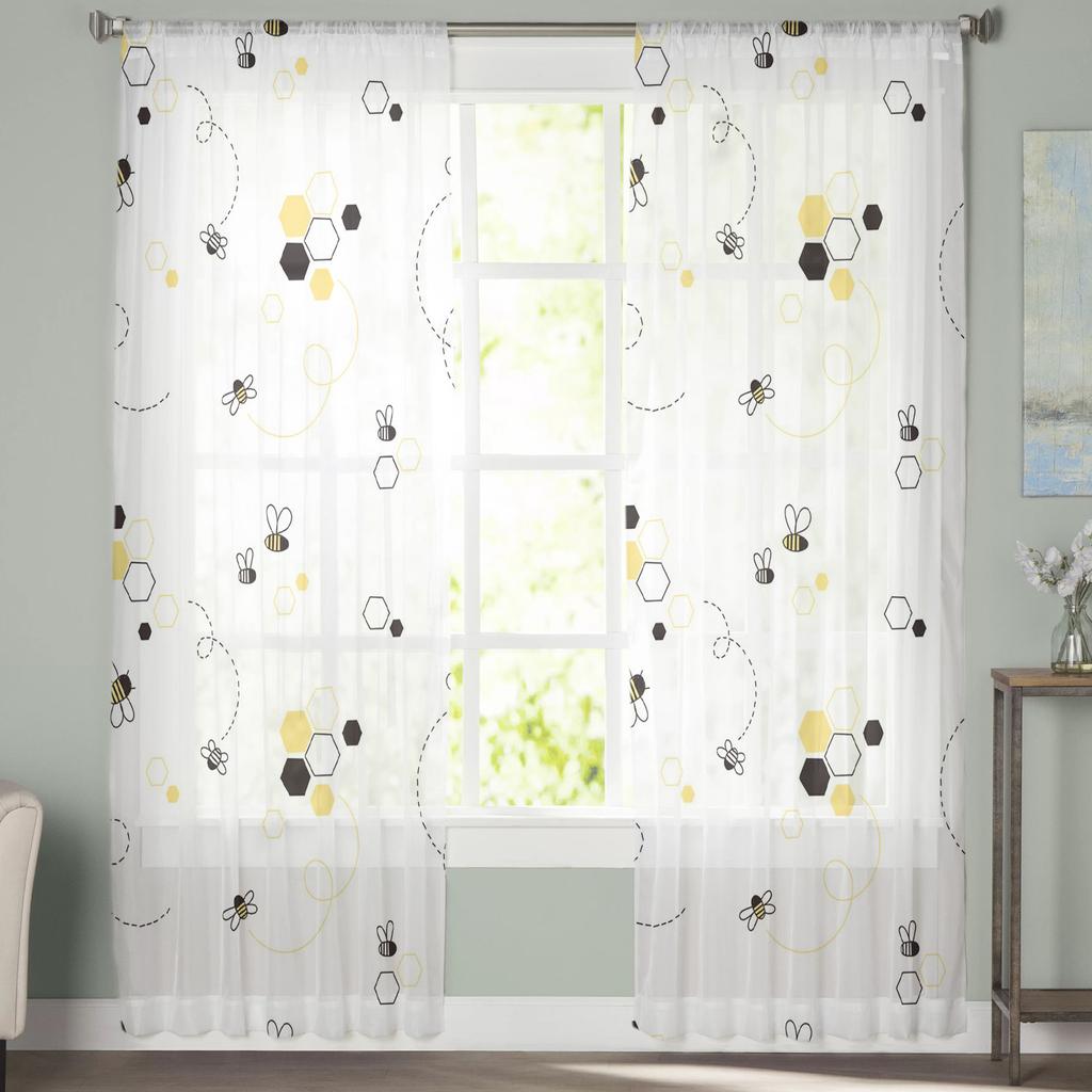 Cartoon Bee Cute Square Pattern Tulle Curtains For Living Room Kitchen Sheer Voile Curtain Bedroom Window Panels
