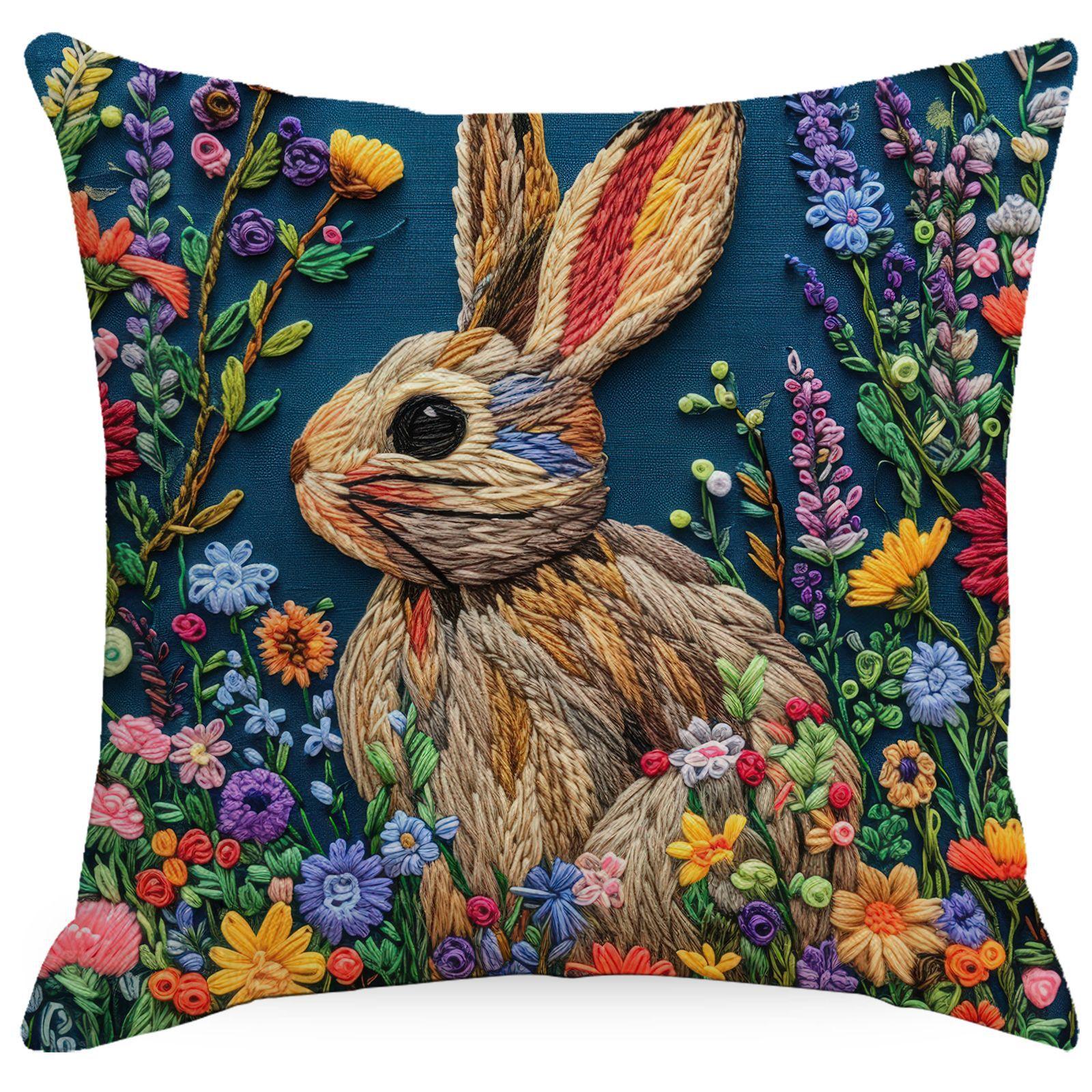 

Новая весенняя наволочка с имитацией вышивки, с цветочным принтом и кроликом, льняная, печатная, домашняя, наволочка для подушки 45 * 45Cm