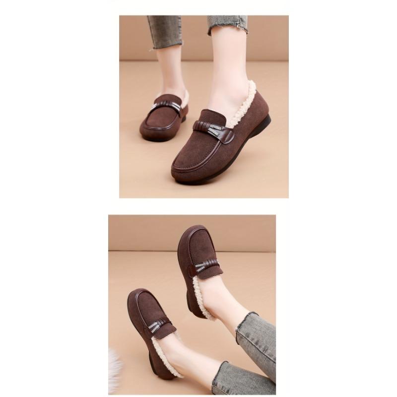 Women's Plush Lined Flat Shoes,Solid Colour Winter Warm Slippers,Warm Outdoor Flat Shoes