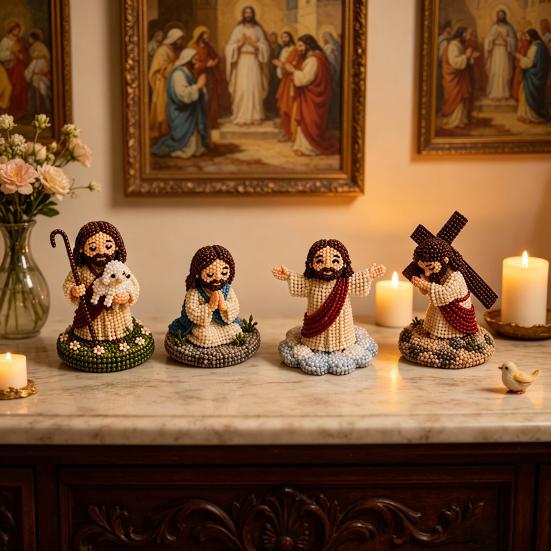 DIY Christian Beading Kit, Cute 4-Pack Tiny Beaded Jesus/Mary DIY Kit, Handmade Mini Faith Beads Craft with Instruction for Beginners, Craft