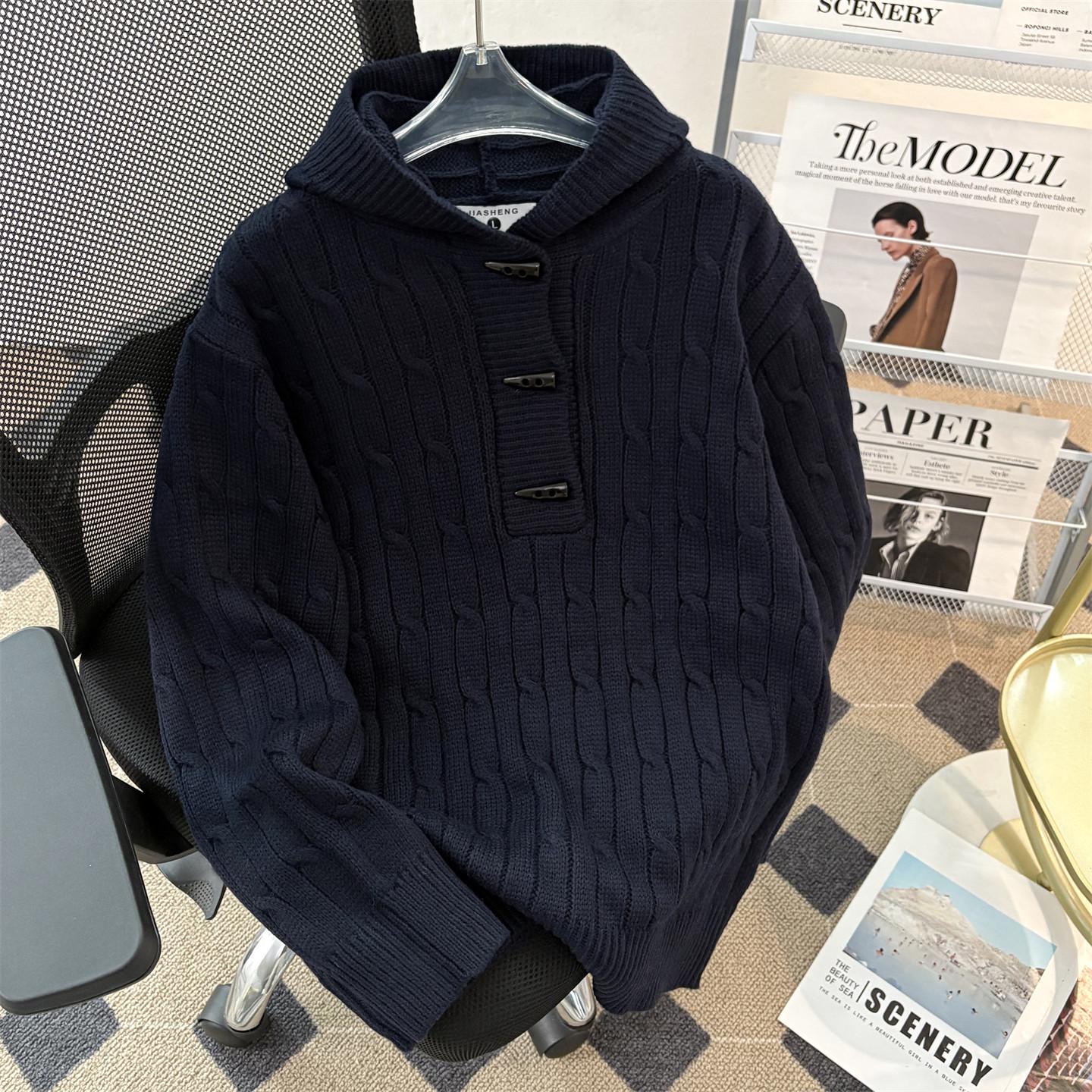 Men s Retro Heavyweight Hooded Sweater: Autumn/Winter Loose Knit Jacquard Pullover with Horn Buttons XXL