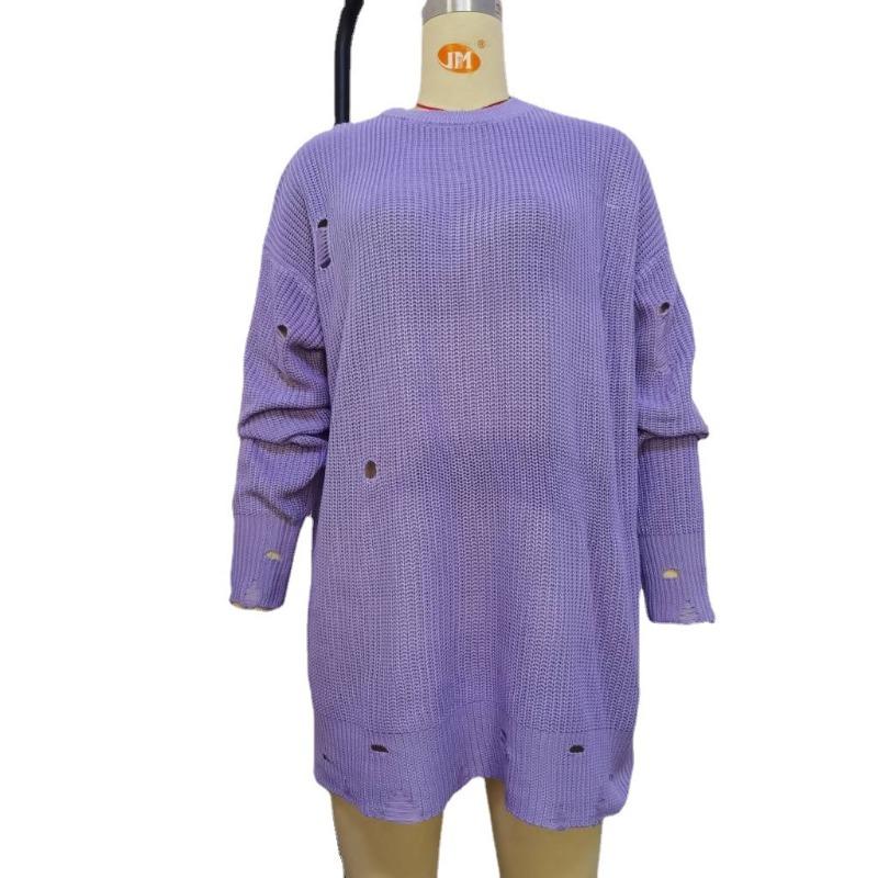 Plus Size Women's Loose Solid Color Ripped Sweater Long Autumn Crew Neck Pullover Long Sleeved Sweater