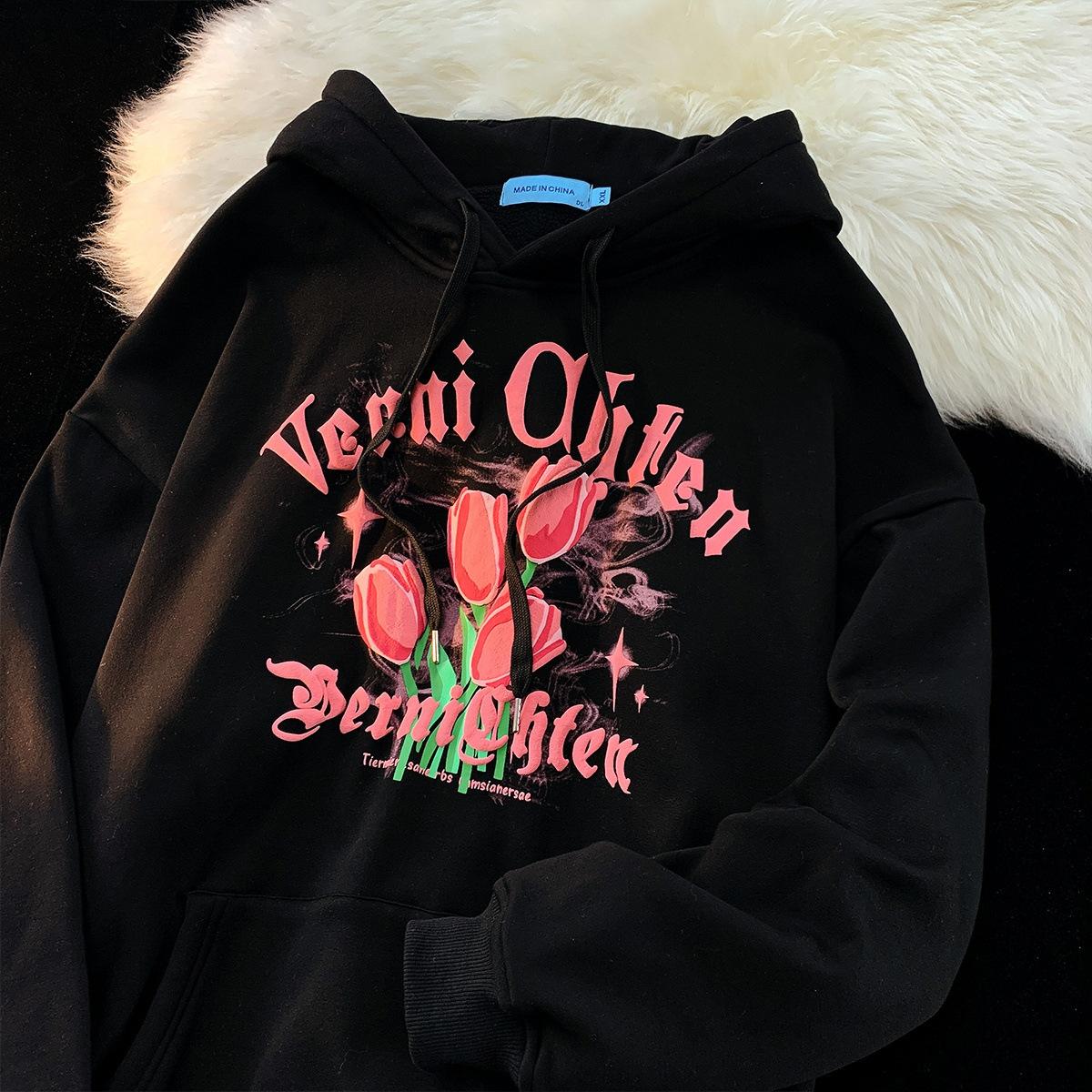 Tulip hooded sweater women s season American vintage oversize loose ins casual XL чёрный 1890₽