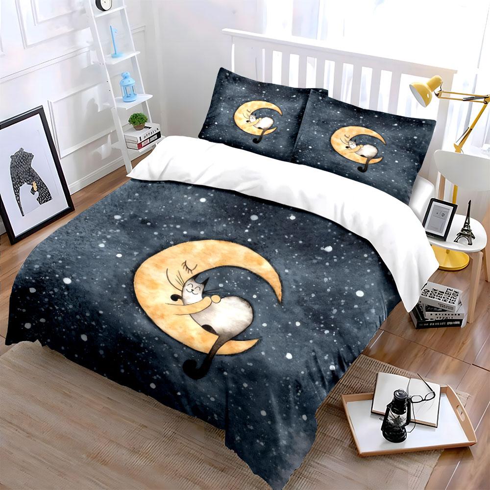 Moon Cat Night Decor Set Soft Comfortable Duvet Cover Bedding Set Included 1*Duvet Cover & 2*Pillowcases, Gift