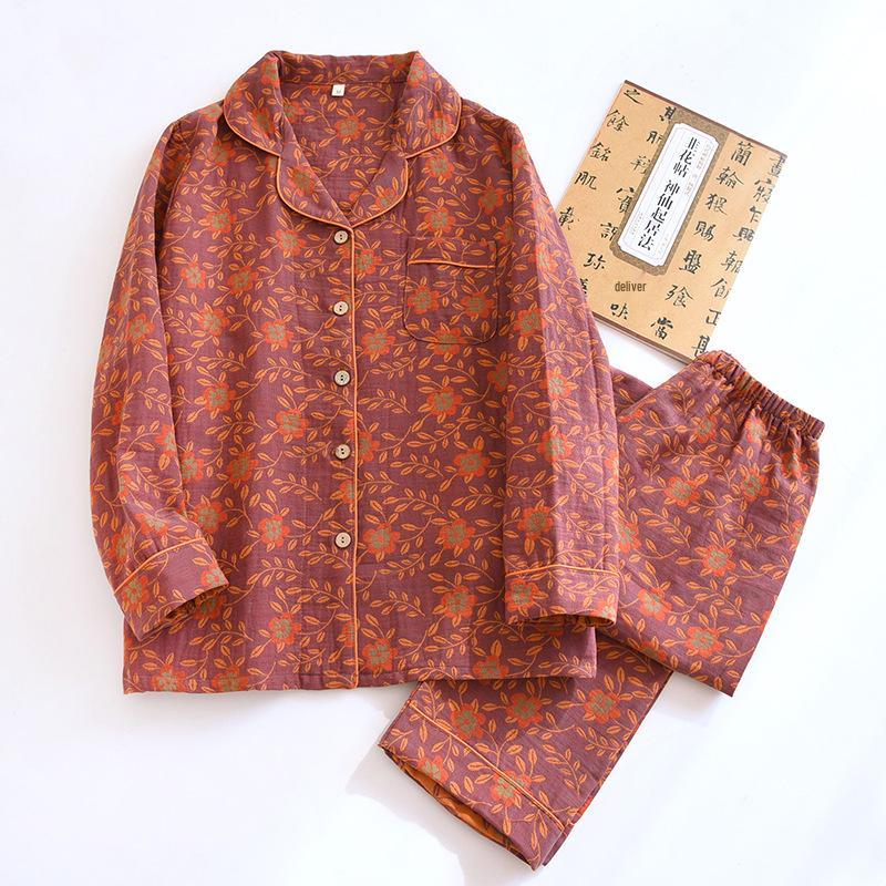 Floral Jacquard Cotton Cardigan & Loungewear Set for Middle-Aged Women