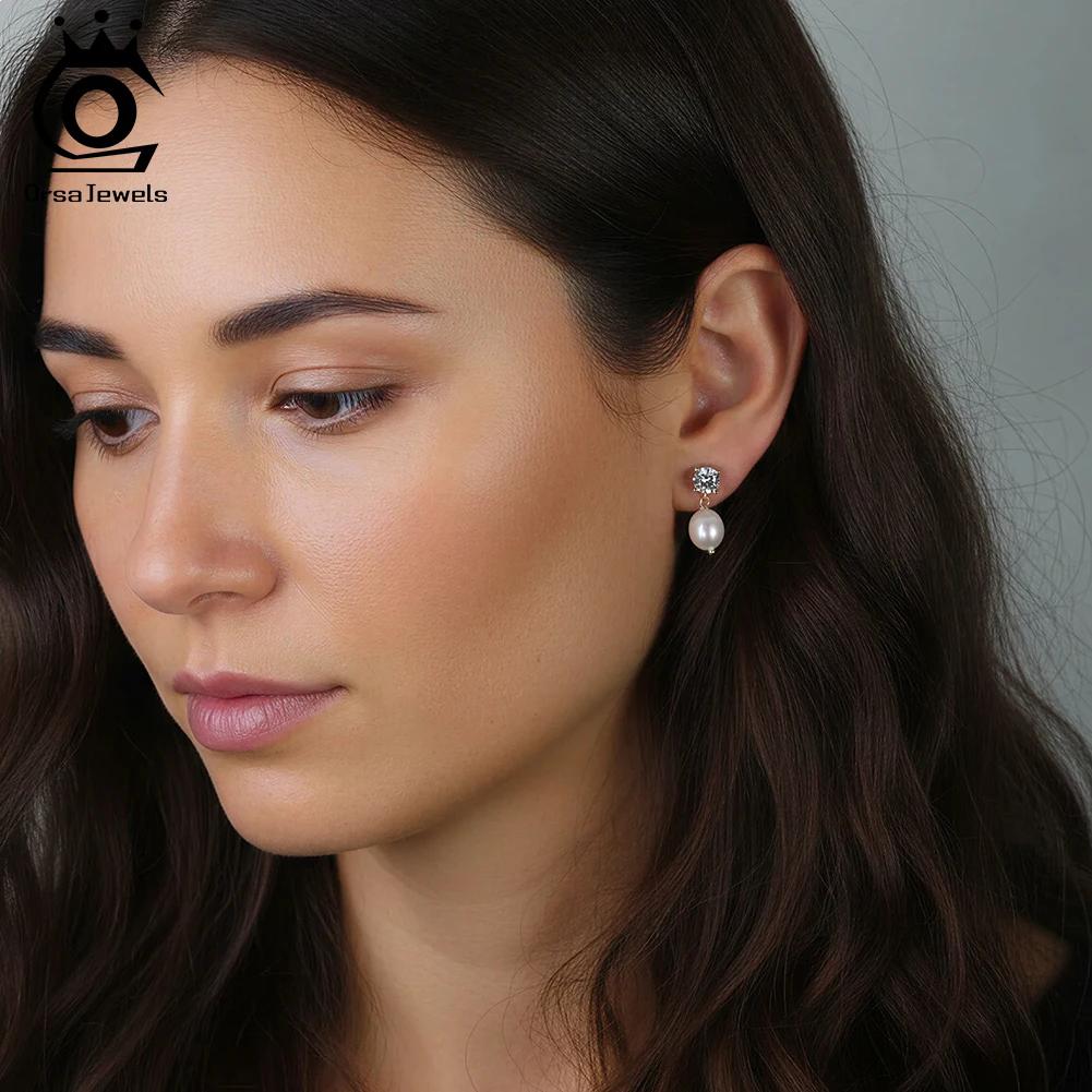 ORSA JEWELS Genuine 925 Sterling Silver Shiny CZ Earrings with Irregular Baroque Pearls for Women Birthday Gifts Jewelry GPE131