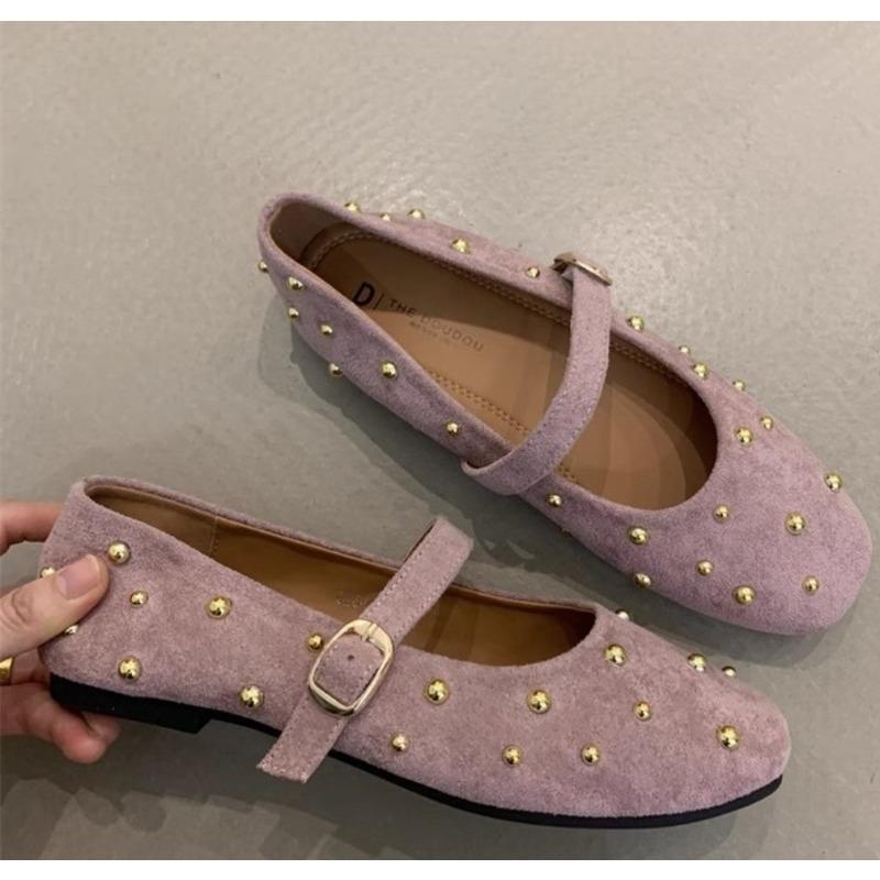 Fashion Mary Jane Shoes for Women Rivet Suede Classic Retro Brown Casual Soft Bottom Comfortable Ladies Flats Rhinestone Luxury Flats